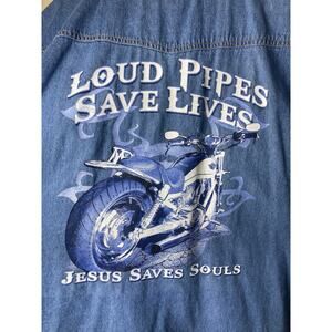 Denim Motorcycle Shirt Sleeveless Pearl Snap Mens 4X Jesus Saves Souls Christian